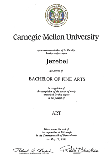 Jezebel's Bachelor of Fine Arts degree from Carnegie-Mellon University