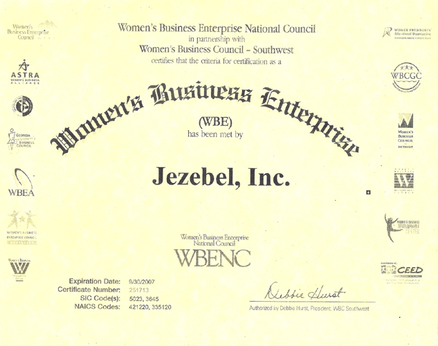 Jezebel's Certificate with the Women's Business Enterprise National Council